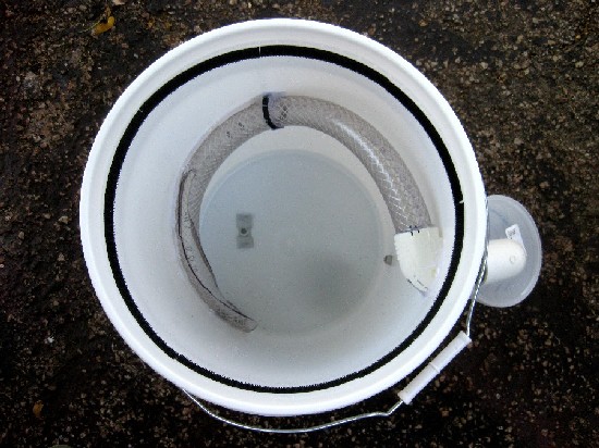 Inside showing the tube the mature grubs crawl up when they are ready to leave the food and pupate into adult flies.
A ring of velcro (hook side) aro